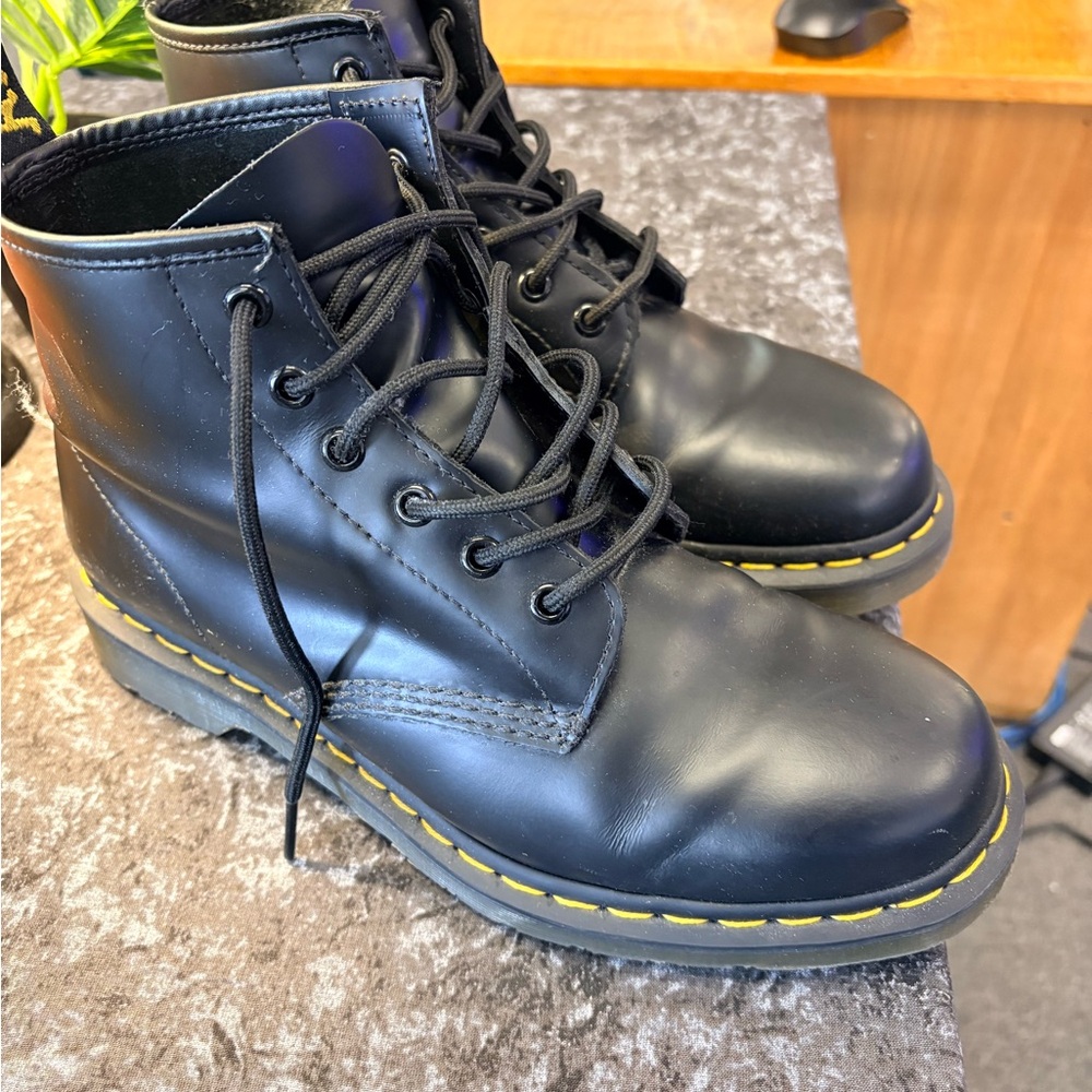 Dr. Martens Black Leather Boots with Yellow Stitching